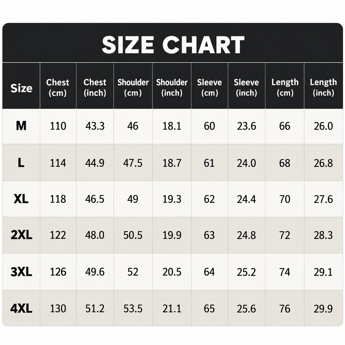 Size chart: Men's Premium Jacket, M to 4XL (chest, shoulder, sleeve, length)