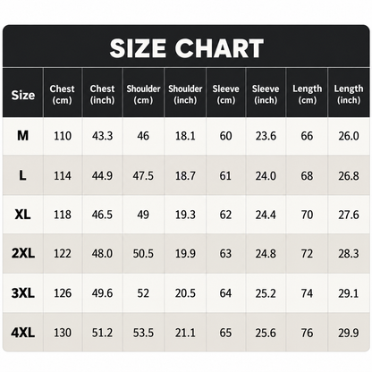 Size chart: Men's Premium Jacket, M to 4XL (chest, shoulder, sleeve, length)