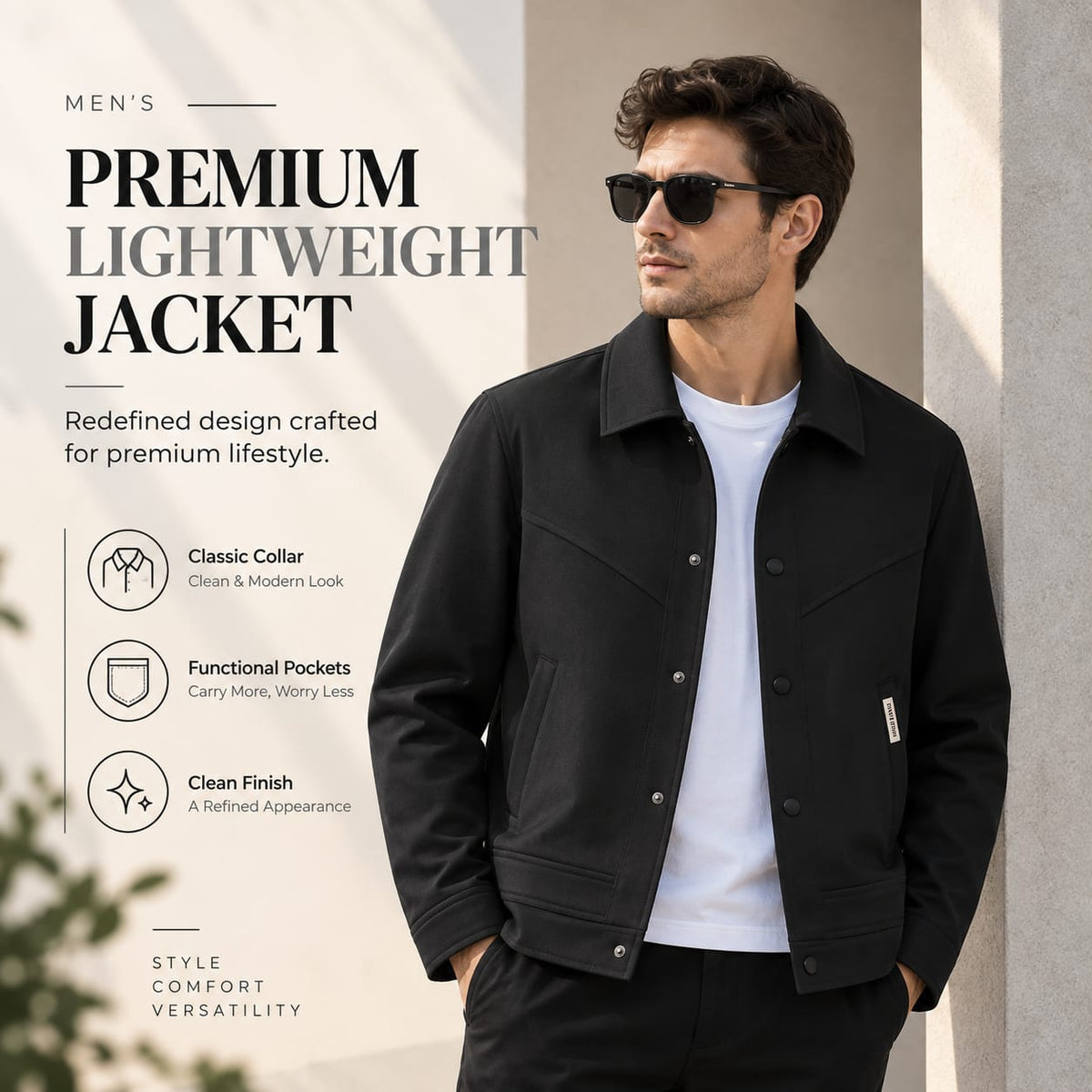 Men's Premium Lightweight Jacket in Black with classic collar and snap buttons