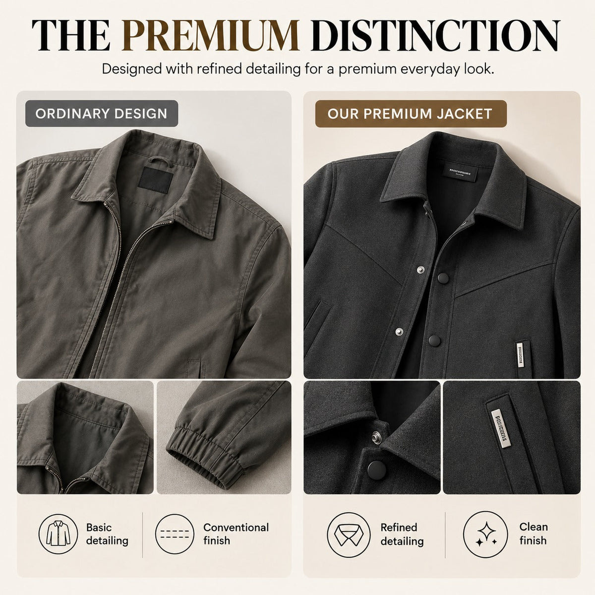 Refined detailing compared with an ordinary jacket