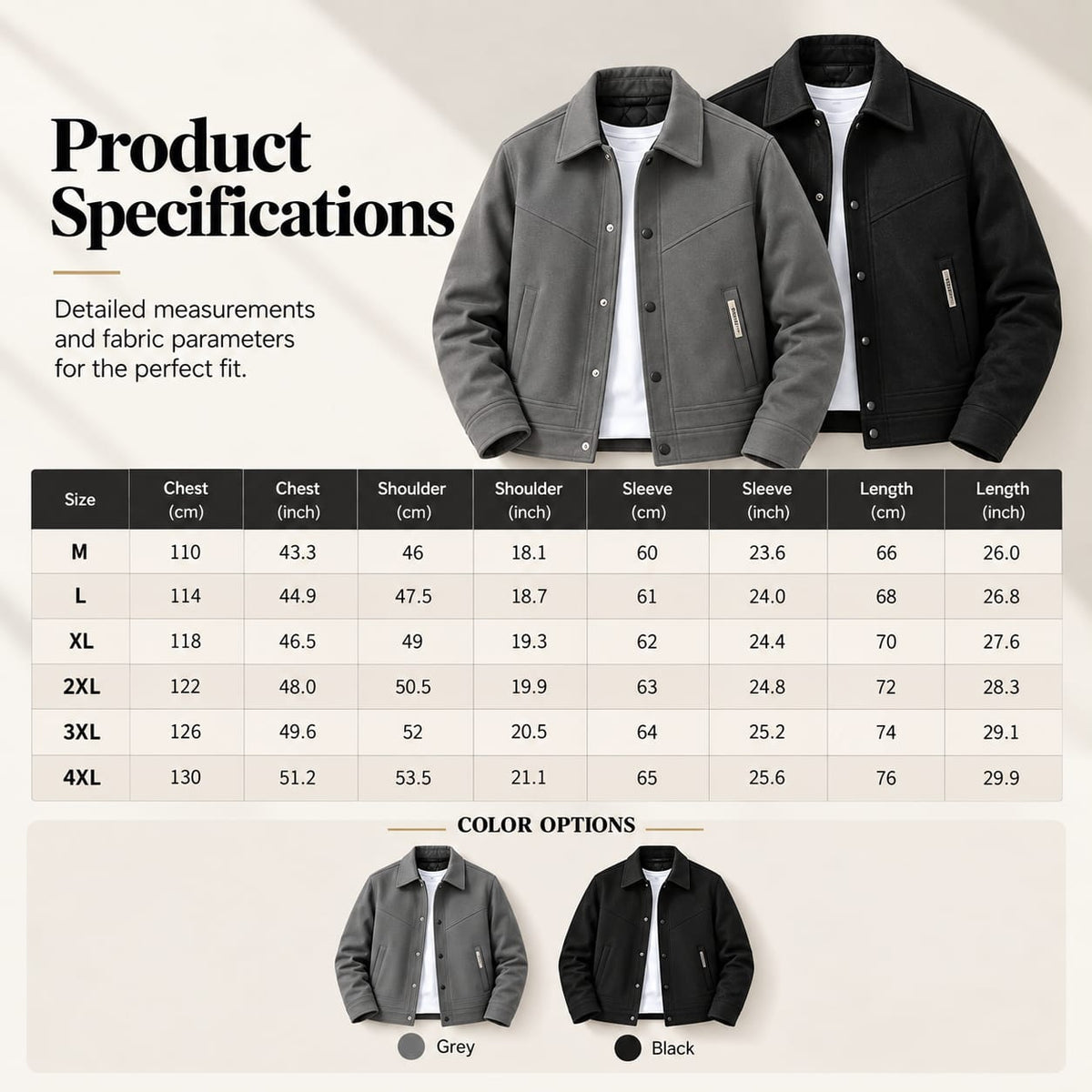 Size chart: chest, shoulder, sleeve and length for M to 4XL